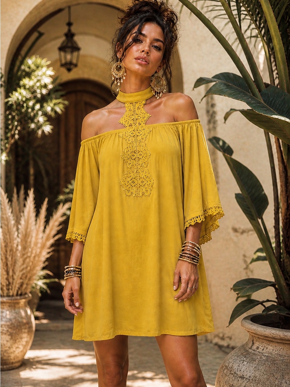 NWT Hayden LA Mustard Boho Lace Neck Off Shoulder Dress S - A6